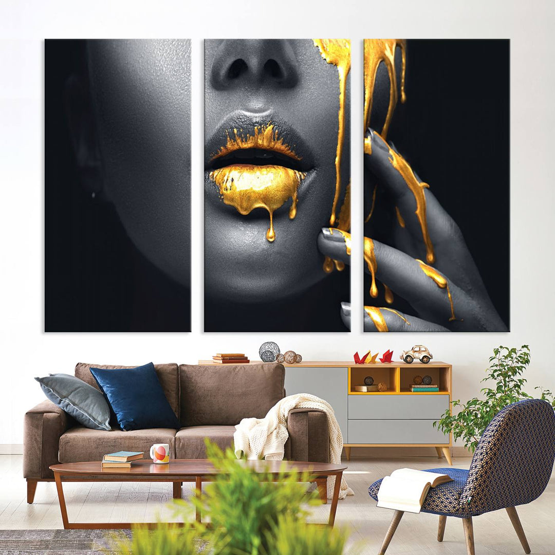 Above the dining area is the Gold Glitter Lips Fashion Makeup canvas wall art.