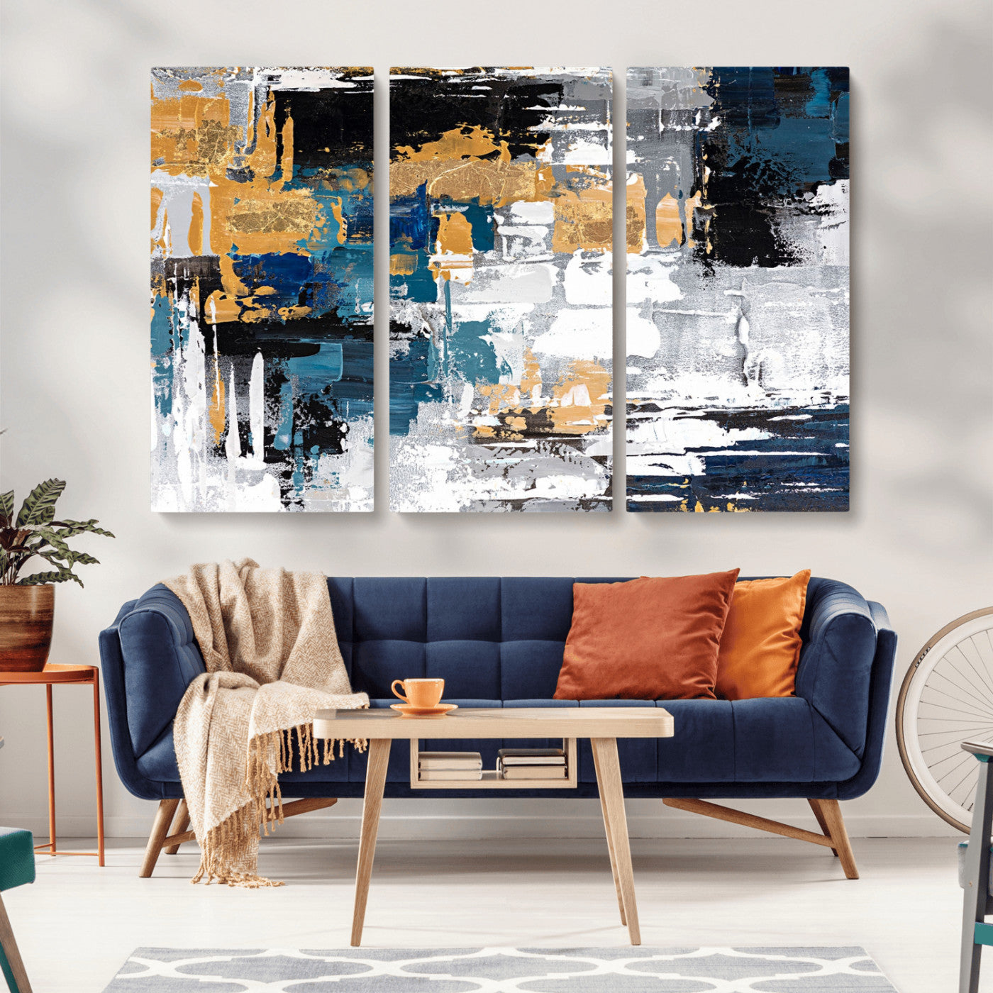 57708-MGV-CV-36X24-Blue and Gold Abstract Canvas Wall Art – Triptych Modern Painting for Living Room – Framed and Ready to Hang