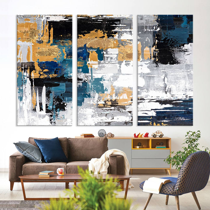 Blue and Gold Abstract Canvas Wall Art hangs prominently.