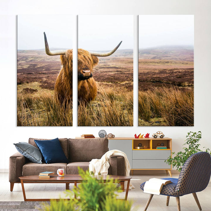 A ready-to-hang Scottish Highland Cow Cattle Canvas Wall Art.