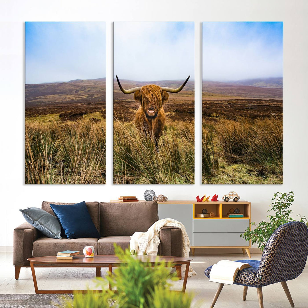 A Scottish Highland Cow art print canvas with UV-protection adorns the wall, preserving vivid details.