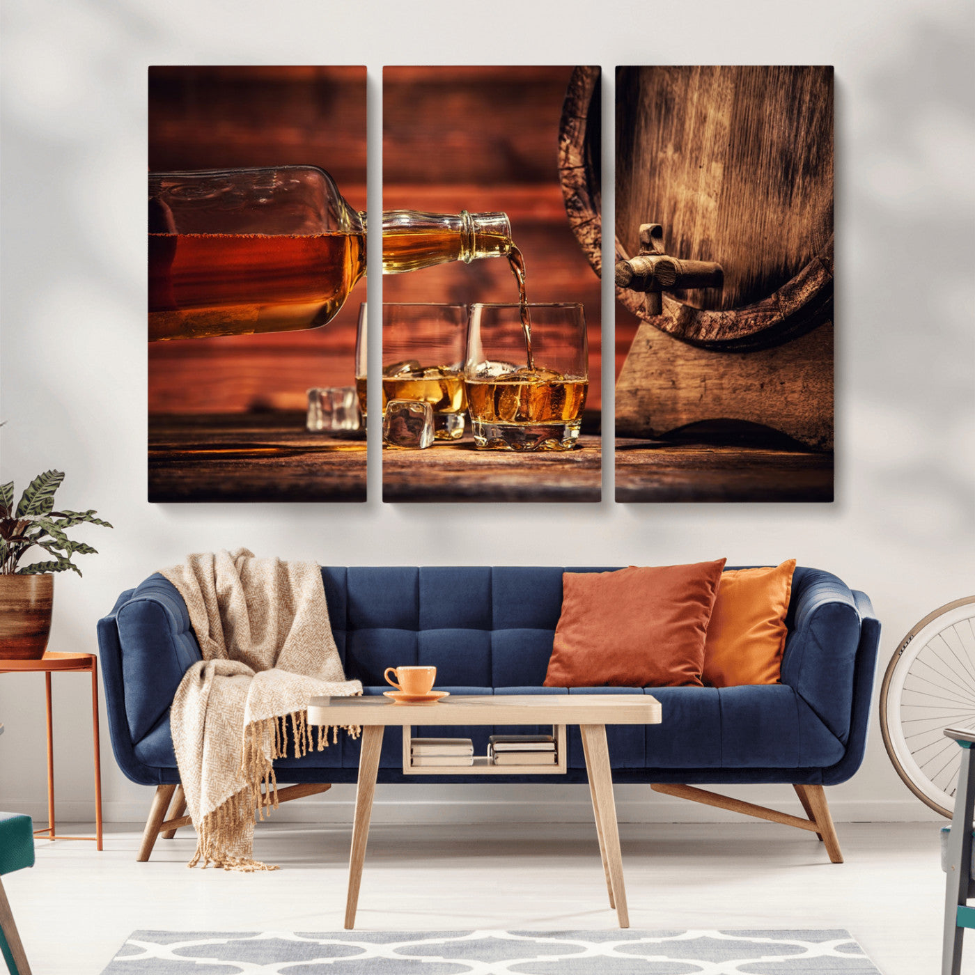 MGV-CV-48X32-3P - Whiskey and Cigar Canvas Wall Art | 3 Panel Bar Room Decor for Home Lounge, Office, or Man Cave |