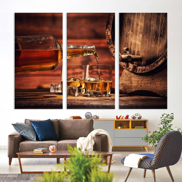 The wall art, titled Scotch Whiskey Barrel Cigar Bourbon, is a canvas print depicting whiskey being poured against the backdrop of a rustic barrel.