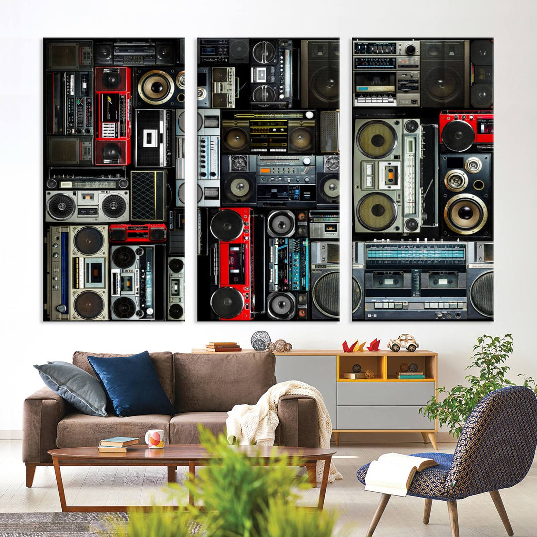 A wall art piece featuring a vintage audio equipment print on museum-quality canvas.