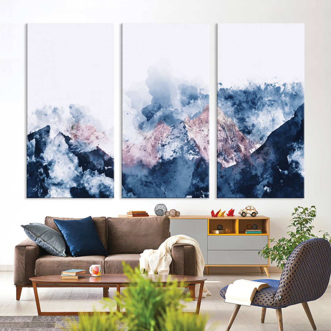 A modern kitchen showcases an Abstract Watercolor Mountain Landscape Art Canvas Print.