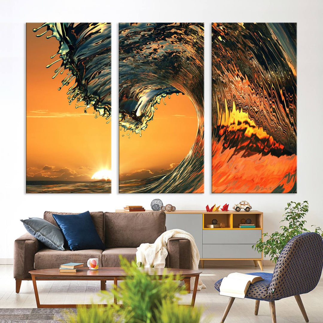 The Ocean Wave With Perfect Sunset canvas wall art adds a striking focal point to the room.