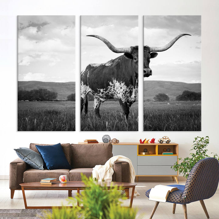 A Black and White Longhorn Texas Cow Canvas Wall Art.