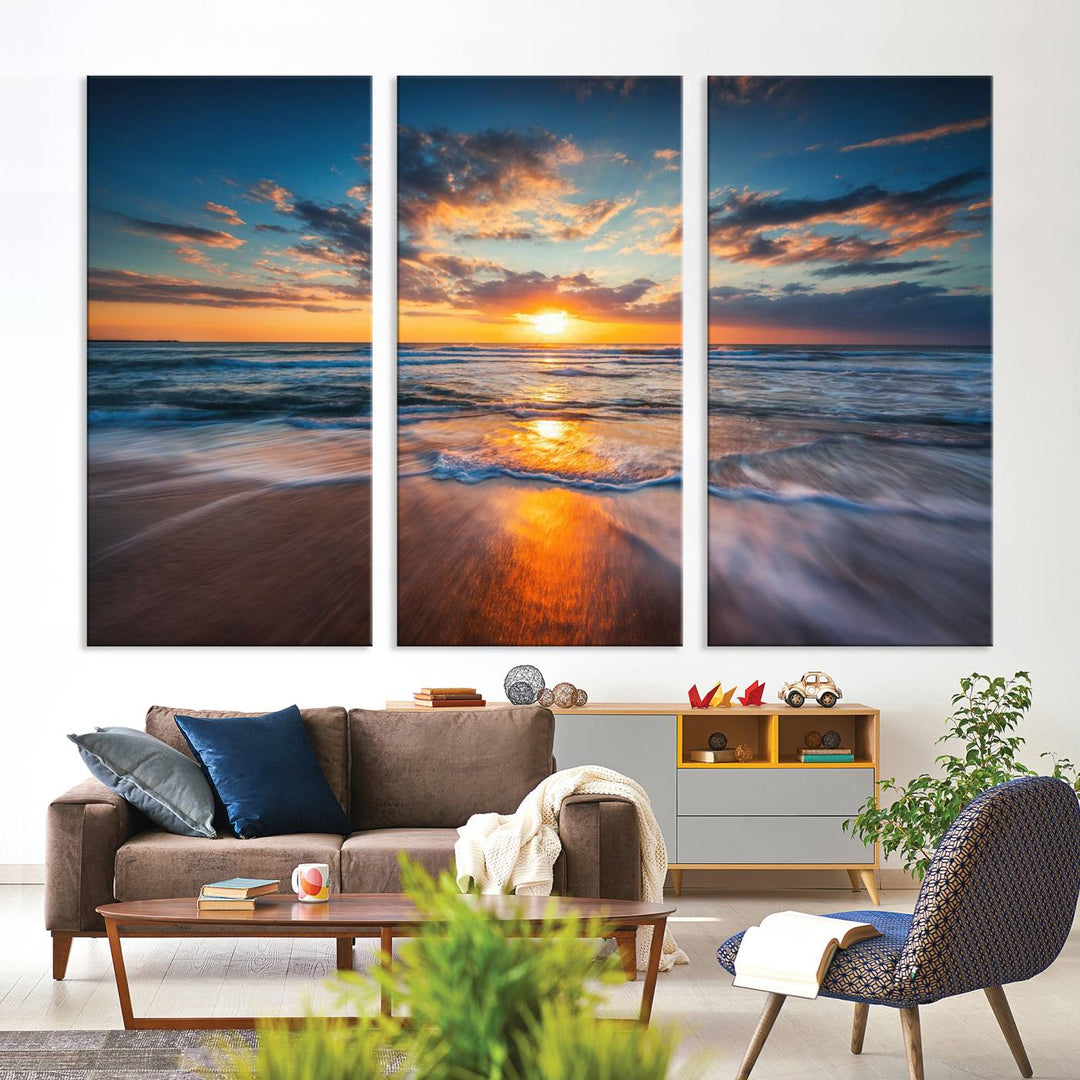 A museum-quality Beautiful Sunset over the Horizon canvas adorns the living room wall.