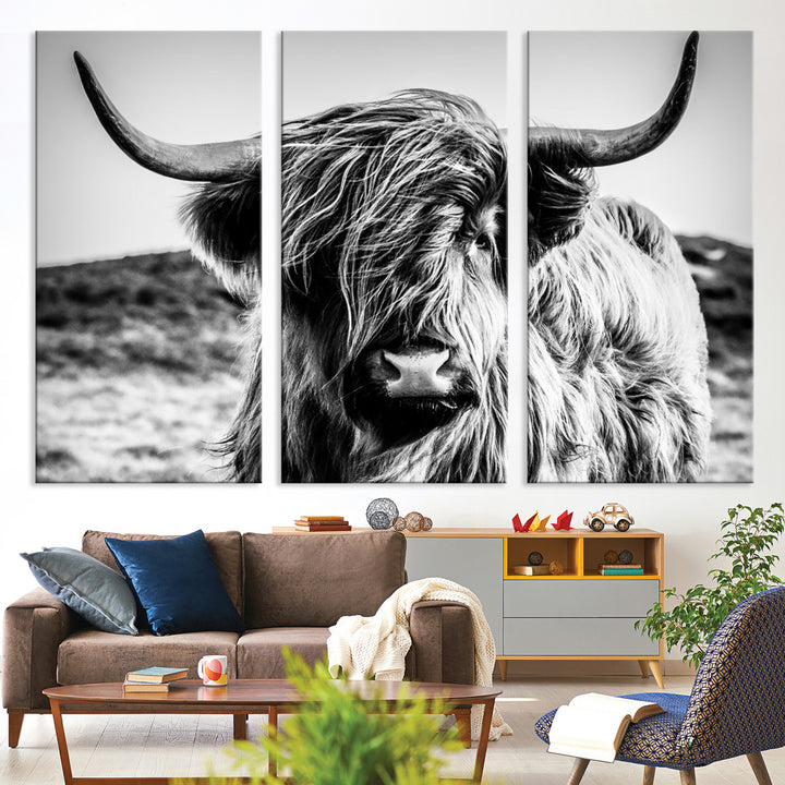 Highland Cow Wall Art | 3-Panel Black and White Highland Cow Canvas Print for Western Farmhouse Decor