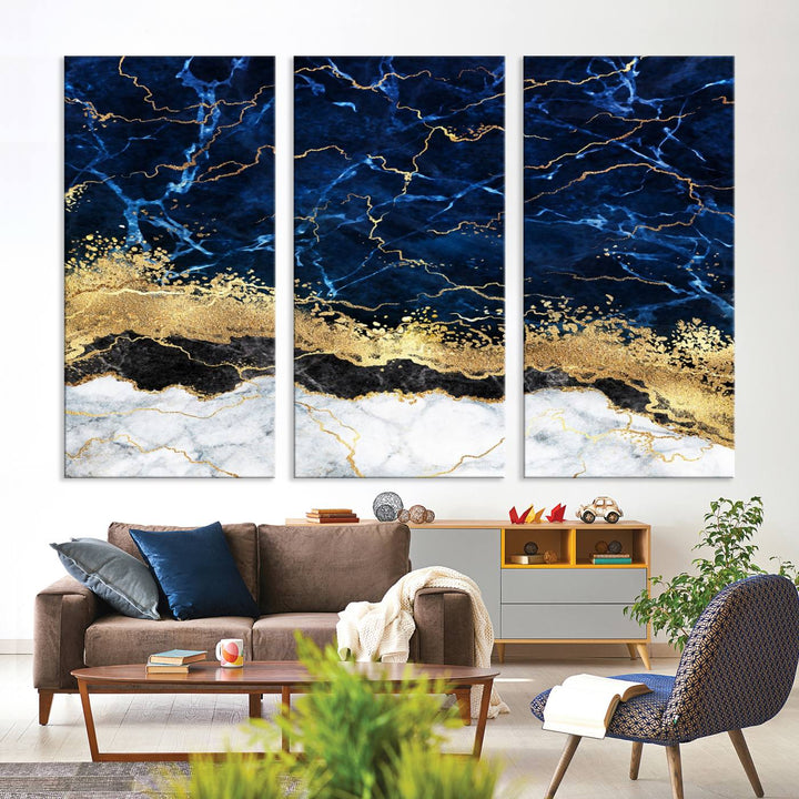 Navy Blue Marble Fluid Effect Canvas Wall Art, featuring a gold and white abstract design, adds a finishing touch to your modern kitchen decor.