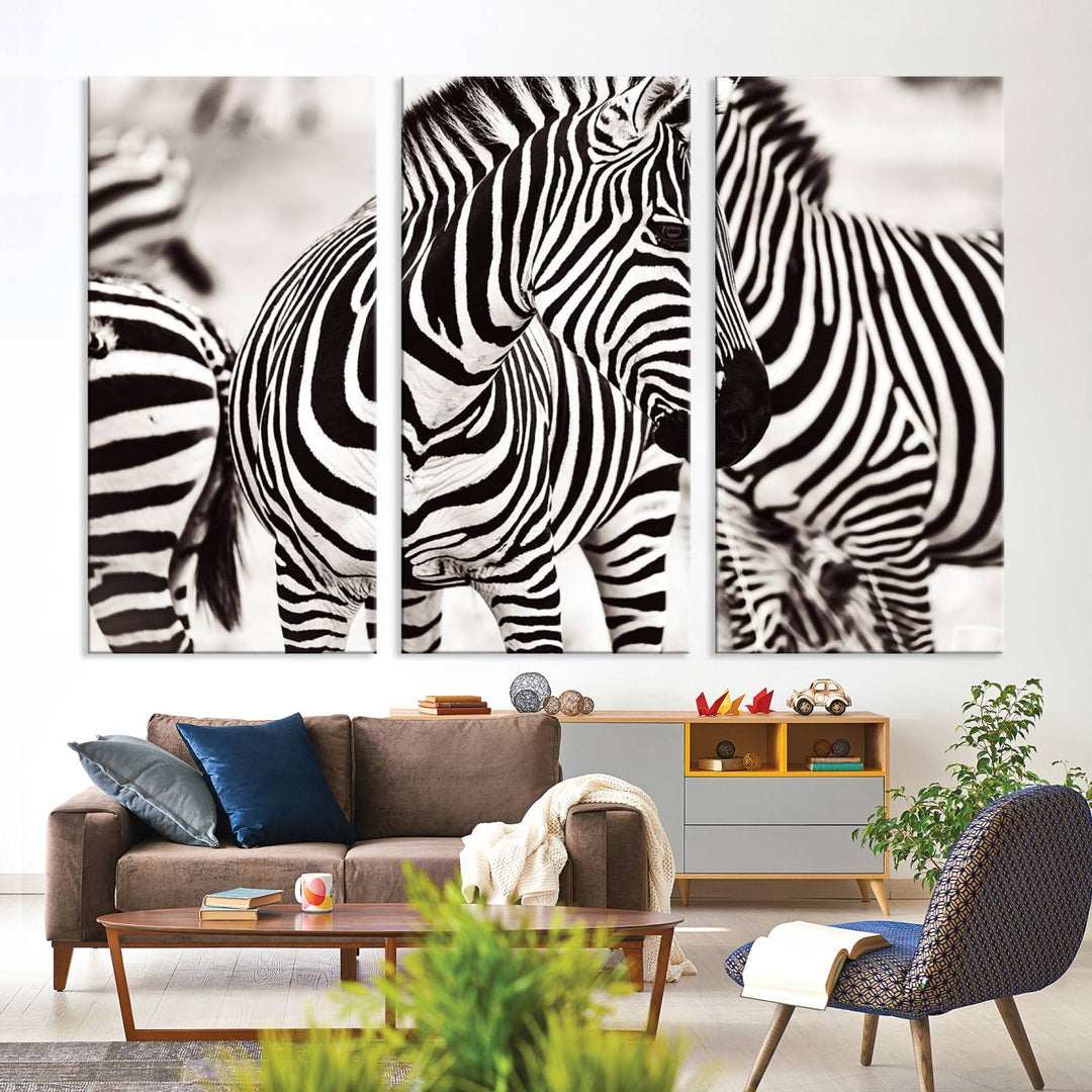 The Brilliant Zebra Photography Art Canvas Print hangs prominently on the wall.