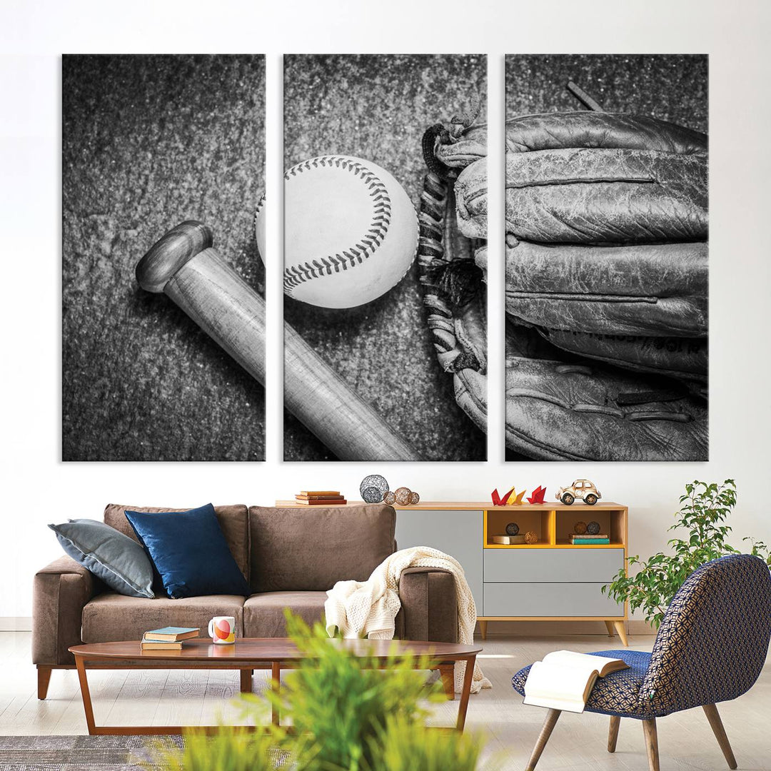 A Vintage Baseball Glove and Bat canvas print hangs on the wall.