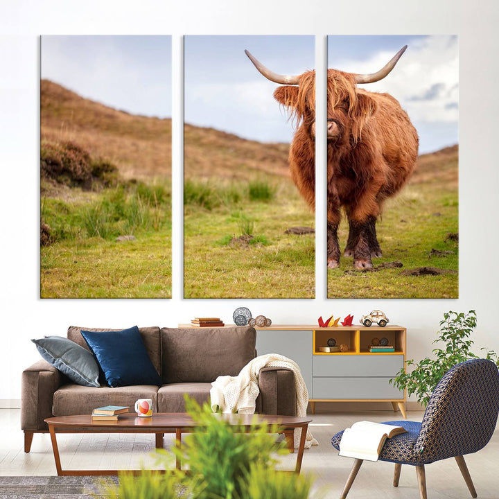 A Highland Cow Animal Canvas Wall Art hangs on the wall, adding warmth to the room.