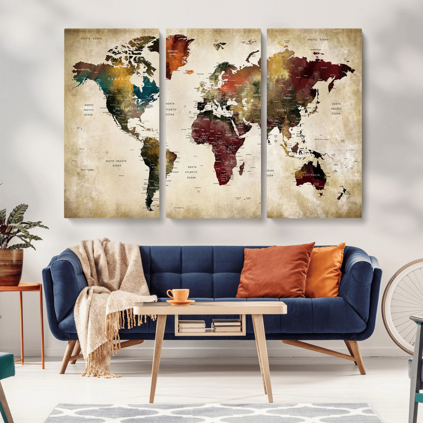 MGV-CV-48X32-3P - Large World Map Wall Art Canvas Print, Framed Push Pin Map Art Picture Print, Abstract Traveller Map Perfect Modern Decor Artwork