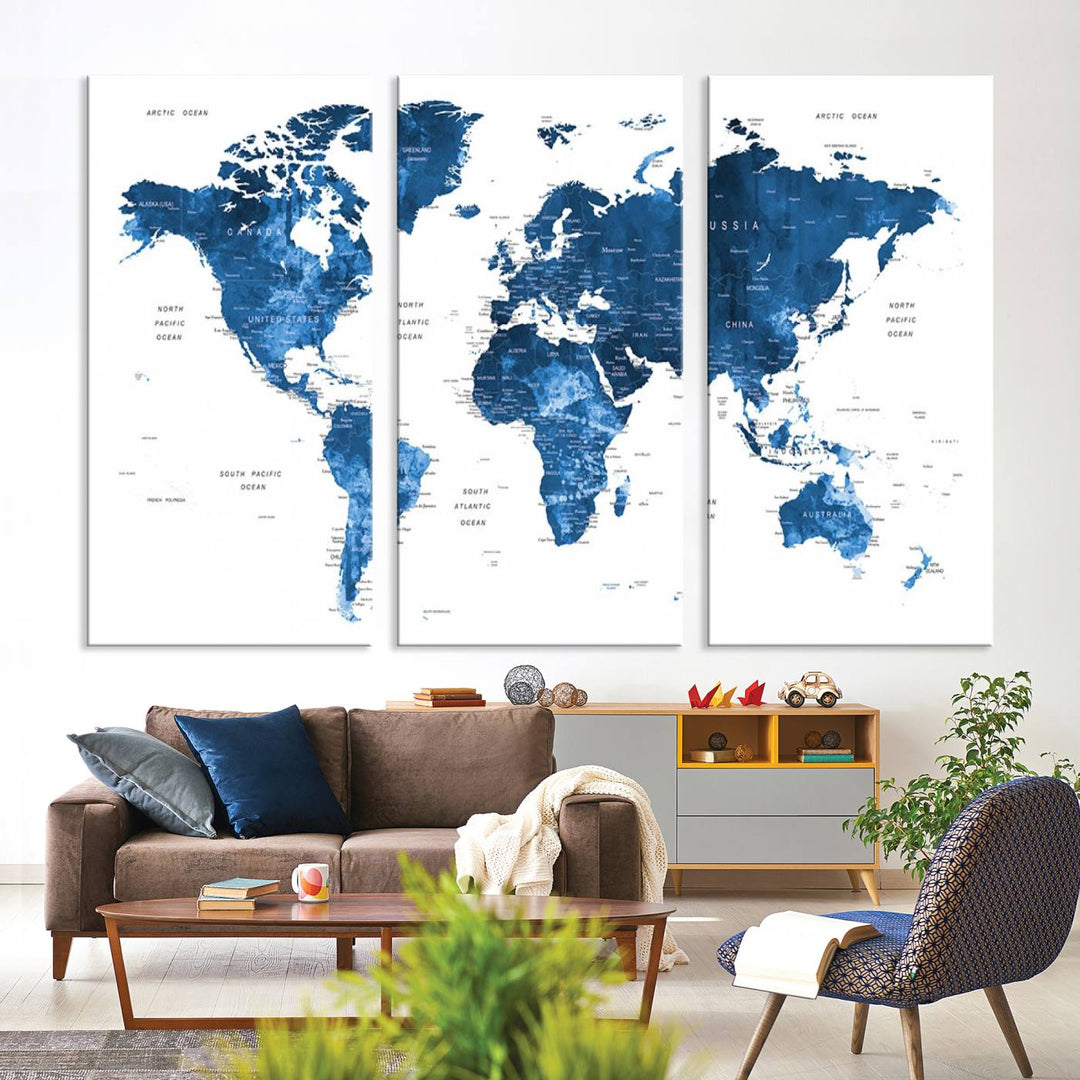 Navy Blue Wall Art World Map Canvas Print, an ideal piece for anyone seeking unique home or office decor.