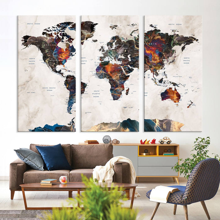 Watercolor World Map Canvas Print in earthy hues with a grunge background, ideal for wall decor.