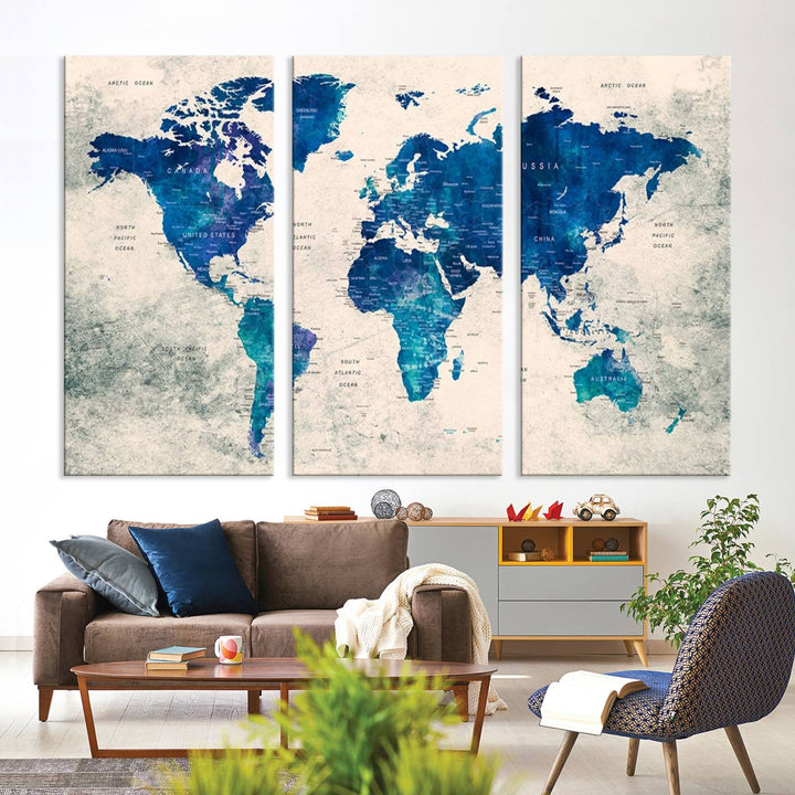 Navy Blue Push Pin World Map Canvas Print featuring a grunge-stained background, with labeled countries and oceans.