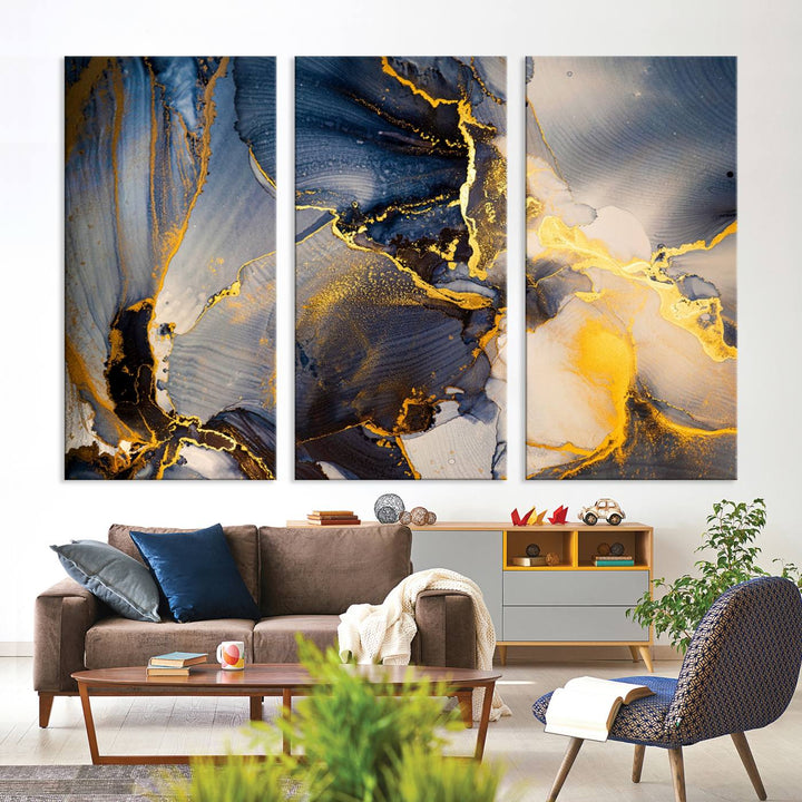 Large Abstract Wall Art Print - Gold and Blue Abstract Canvas Wall Art | Fluid Ink Modern Luxury Wall Decor for Living Room Decor