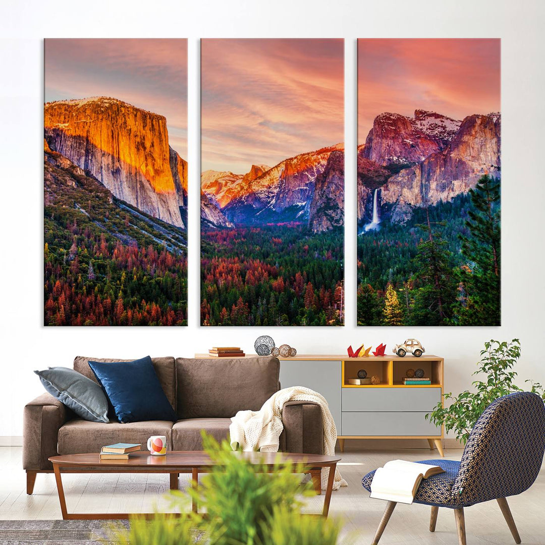 An El Capitan Yosemite Canvas showcasing a sunset over a mountain valley.