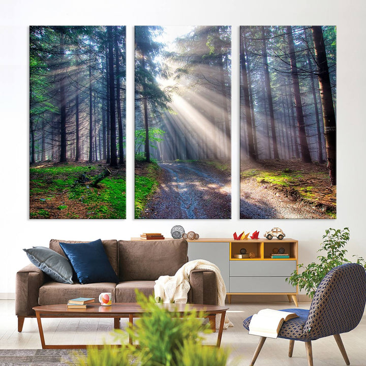 The dining area features a 3-panel Forest Path Canvas showcasing sun rays filtering through a misty forest.