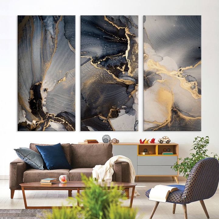 A Modern Marble Fluid Effect Abstract Wall Art with black, white, and gold swirls hangs in a modern kitchen.