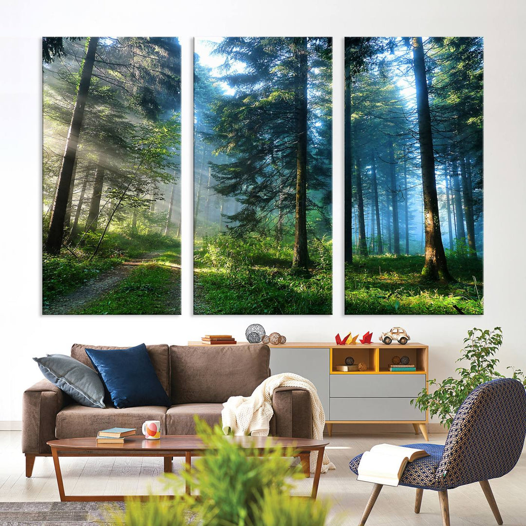 Enhancing the space is the Forest Sun Shine wall art canvas print, showcasing a serene forest scene.