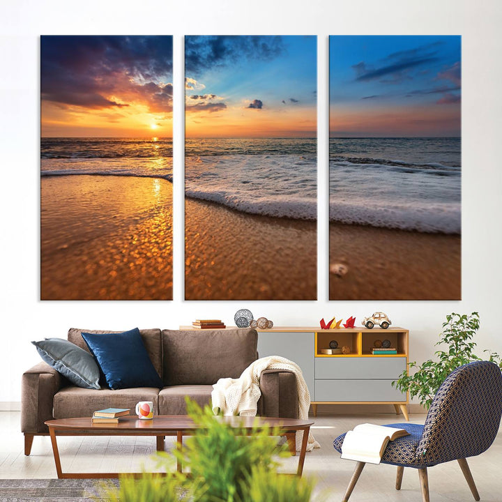 The Golden Sunset Beach Waves Triptych adds a modern coastal touch with its stunning seascape.