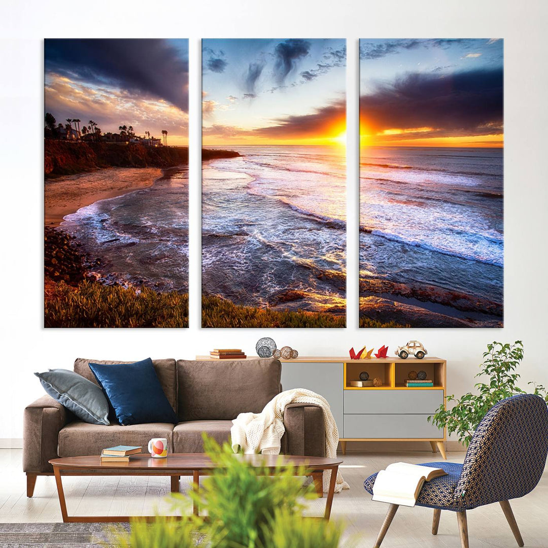 California coastline sunset canvas art featuring ocean waves and cliffs, printed with giclee technology and Canon print quality. Perfect for beach house decor.