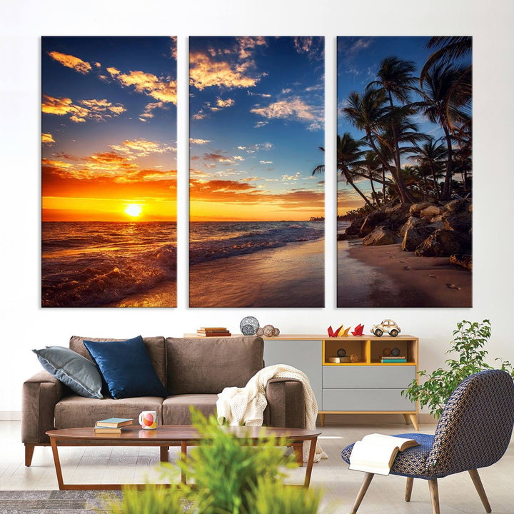 Tropical Beach Sunset Canvas Art, Palm Trees and Ocean Waves Wall Art, Giclee Print for Coastal Home Decor