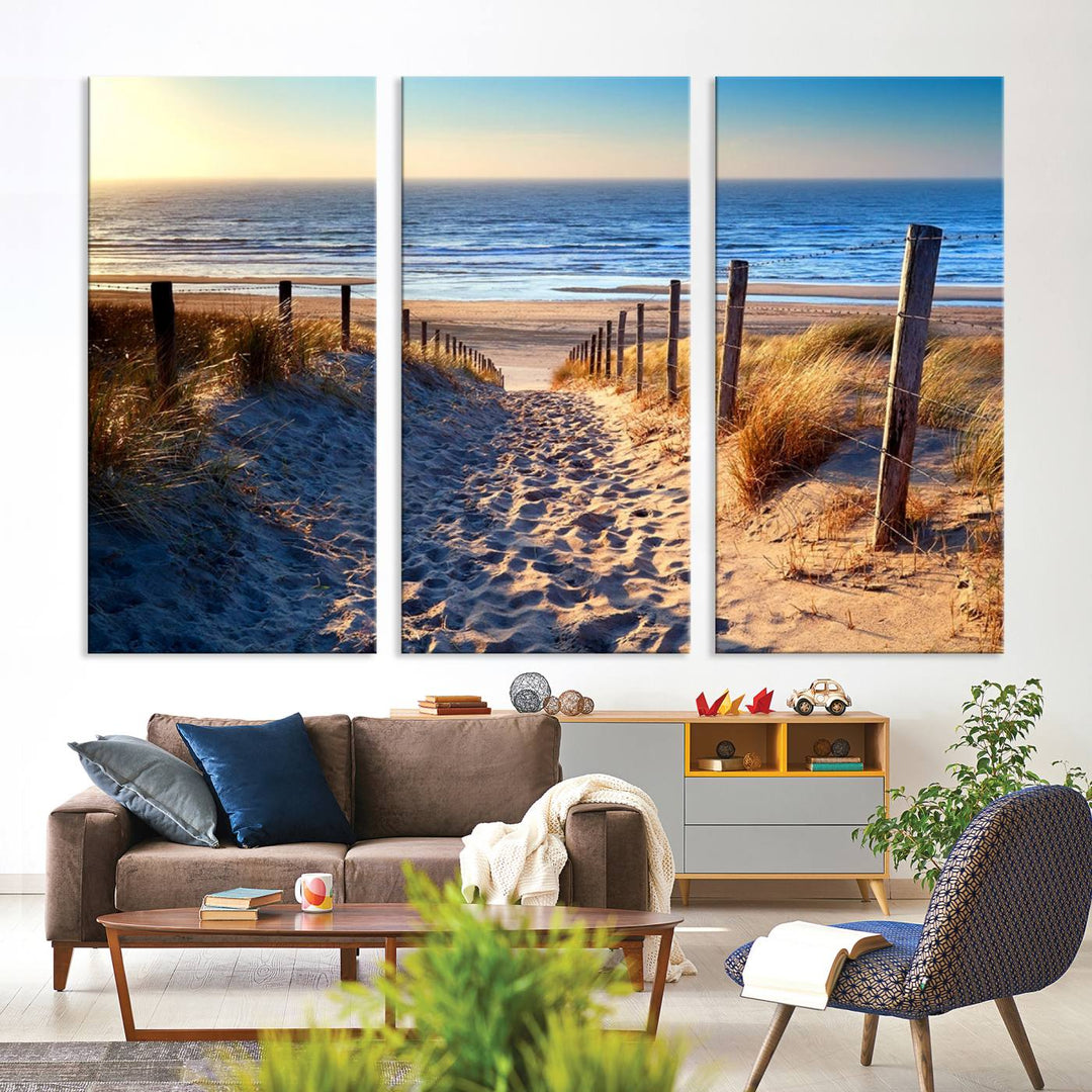 Tropical Beach Sunset Canvas Art, Ocean Waves and Sandy Shoreline Wall Art, Large Beach Decor for Coastal Homes