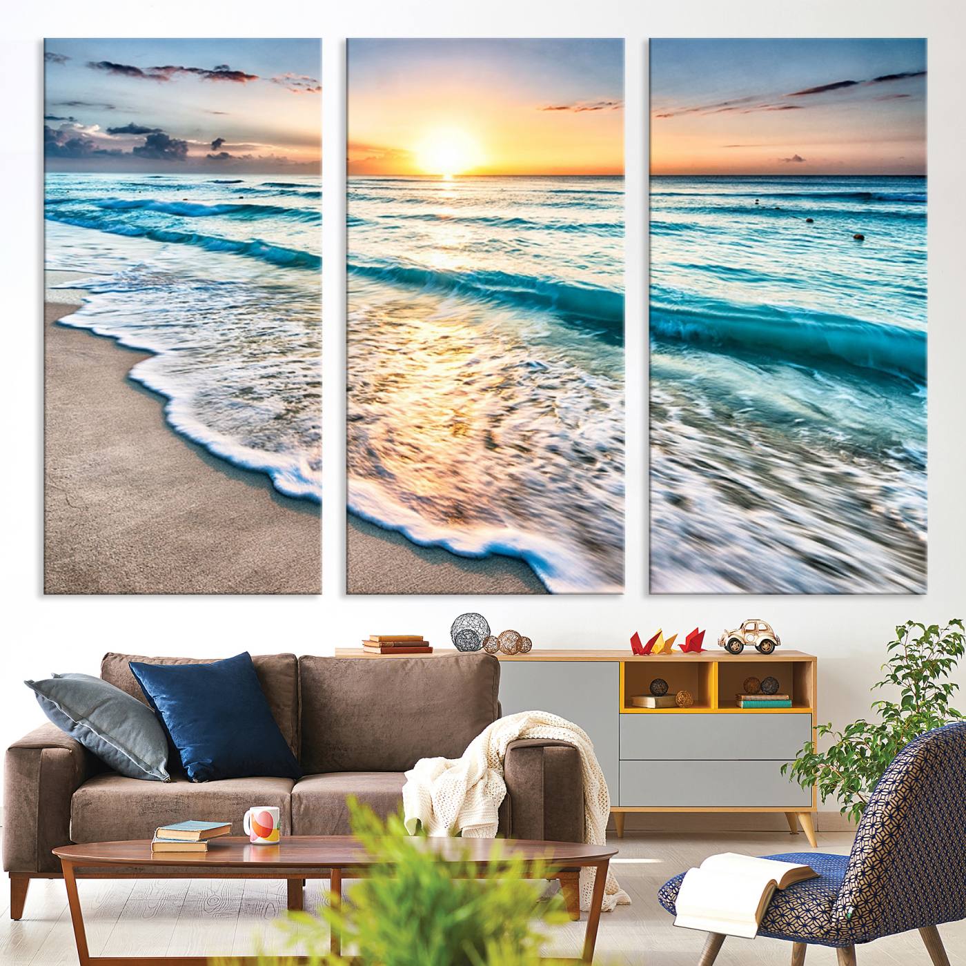 27815-MGV-CV-36X24-Sunset Beach Waves Canvas Wall Art – 5-Panel Ocean Sunset Print – Coastal Decor for Living Room or Bedroom – Ready to Hang