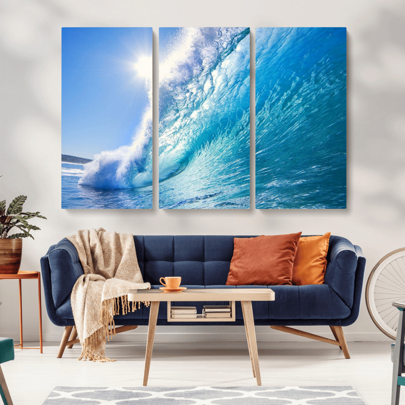MGV-CV-48X32-3P - Blue Big Wave Surfing Ocean Canvas Wall Art Artwork Print , Surf Wall Art, Sea Wall Art