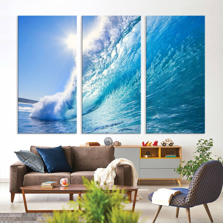 Blue Big Wave Surfing Ocean Canvas Wall Art Artwork Print , Surf Wall Art, Sea Wall Art