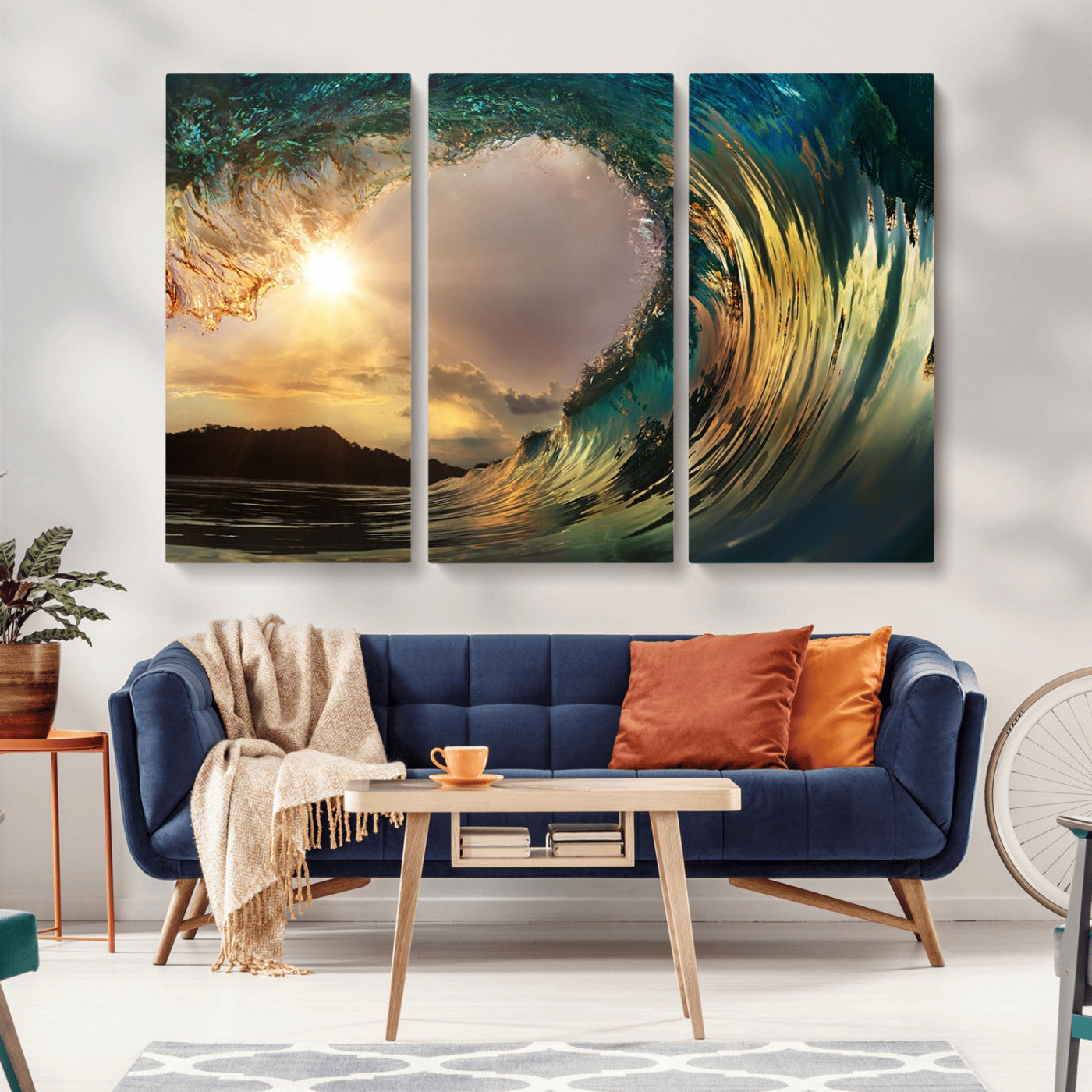 MGV-CV-48X32-3P - Golden Wave Sunset Giclee Canvas Print – Large Coastal Wall Art for Nature Lovers, Captivating Ocean Wave Decor