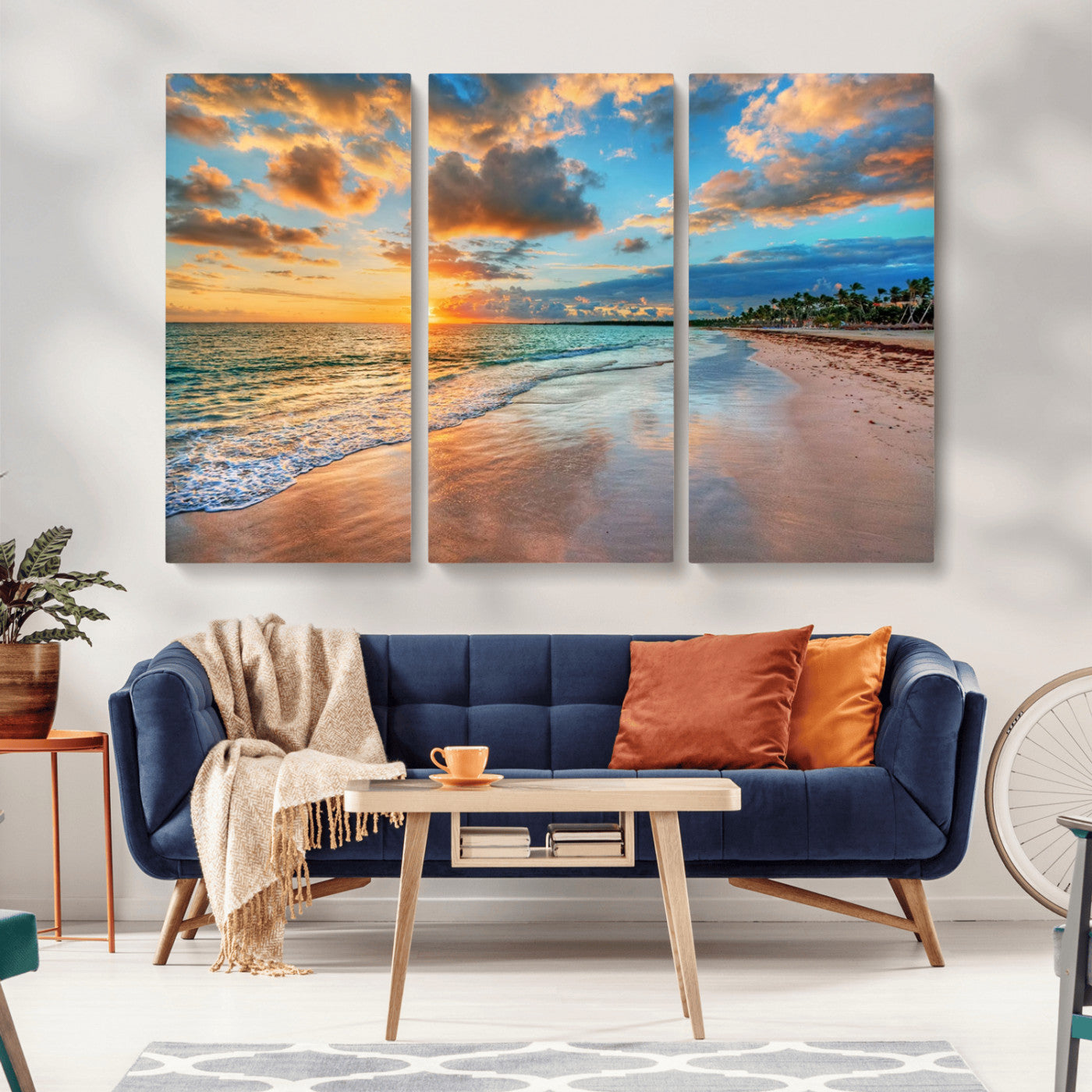 MGV-CV-48X32-3P - Sunset Ocean Waves on Tropical Beach, 3-Panel Giclee Canvas Art for Coastal Home Decor, Vibrant Palm-Lined Shore