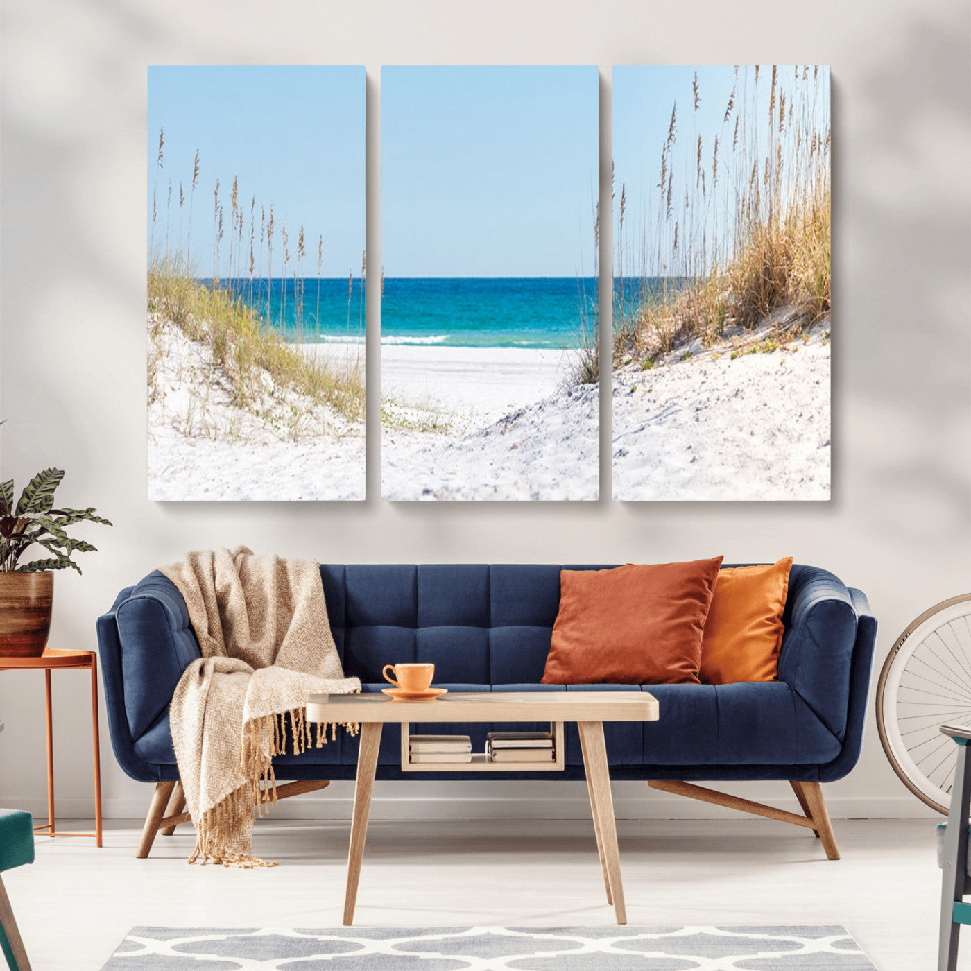 MGV-CV-48X32-3P - Serene Coastal Dune Path with Ocean View, 3-Panel Beach Canvas Wall Art, Tranquil Seascape Giclee Print, Gallery Wrap, Perfect for Coastal Home Decor