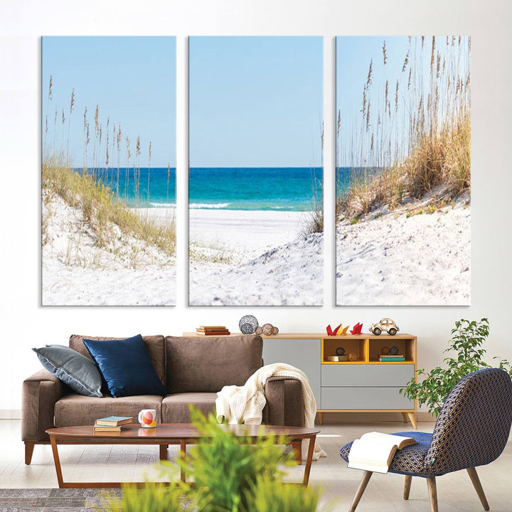 Serene Coastal Dune Path with Ocean View, 3-Panel Beach Canvas Wall Art, Tranquil Seascape Giclee Print, Gallery Wrap, Perfect for Coastal Home Decor