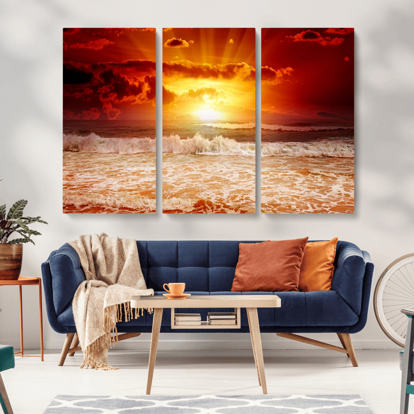 MGV-CV-48X32-3P - Red Sunset Ocean Beach Canvas Wall Art Beach Canvas, Coastal Sunset Print