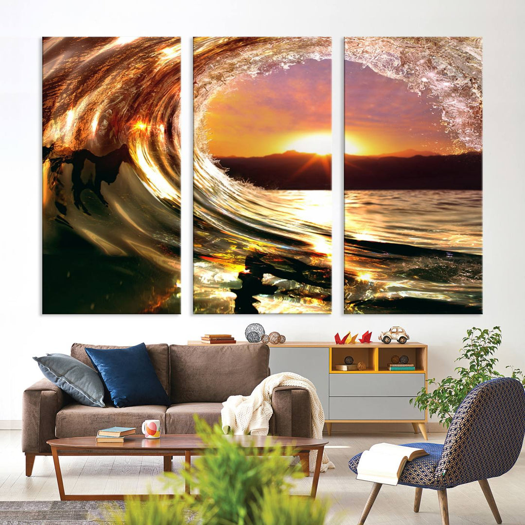 The Golden Wave Sunset Triptych Canvas Art showcases an ocean wave at sunset, casting warm light.