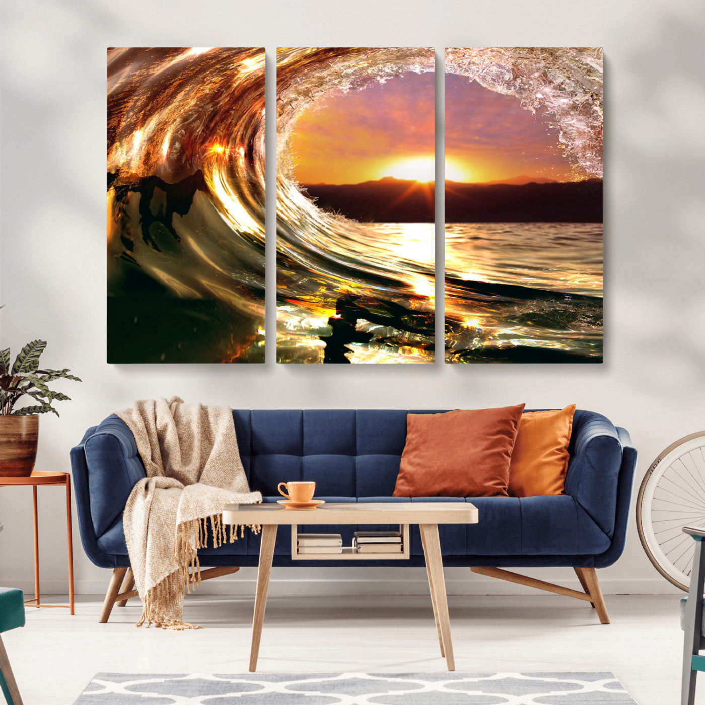 MGV-CV-48X32-3P - Golden Wave Sunset Triptych Canvas Art, Giclee Canvas Print of Ocean Wave and Sunset, Framed Ocean