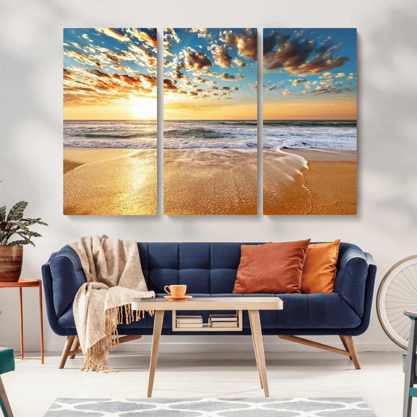 MGV-CV-48X32-3P - Golden Sunset Beach Print Canvas Wall Art, Giclee Canvas Print with Canon Print Quality, Triptych