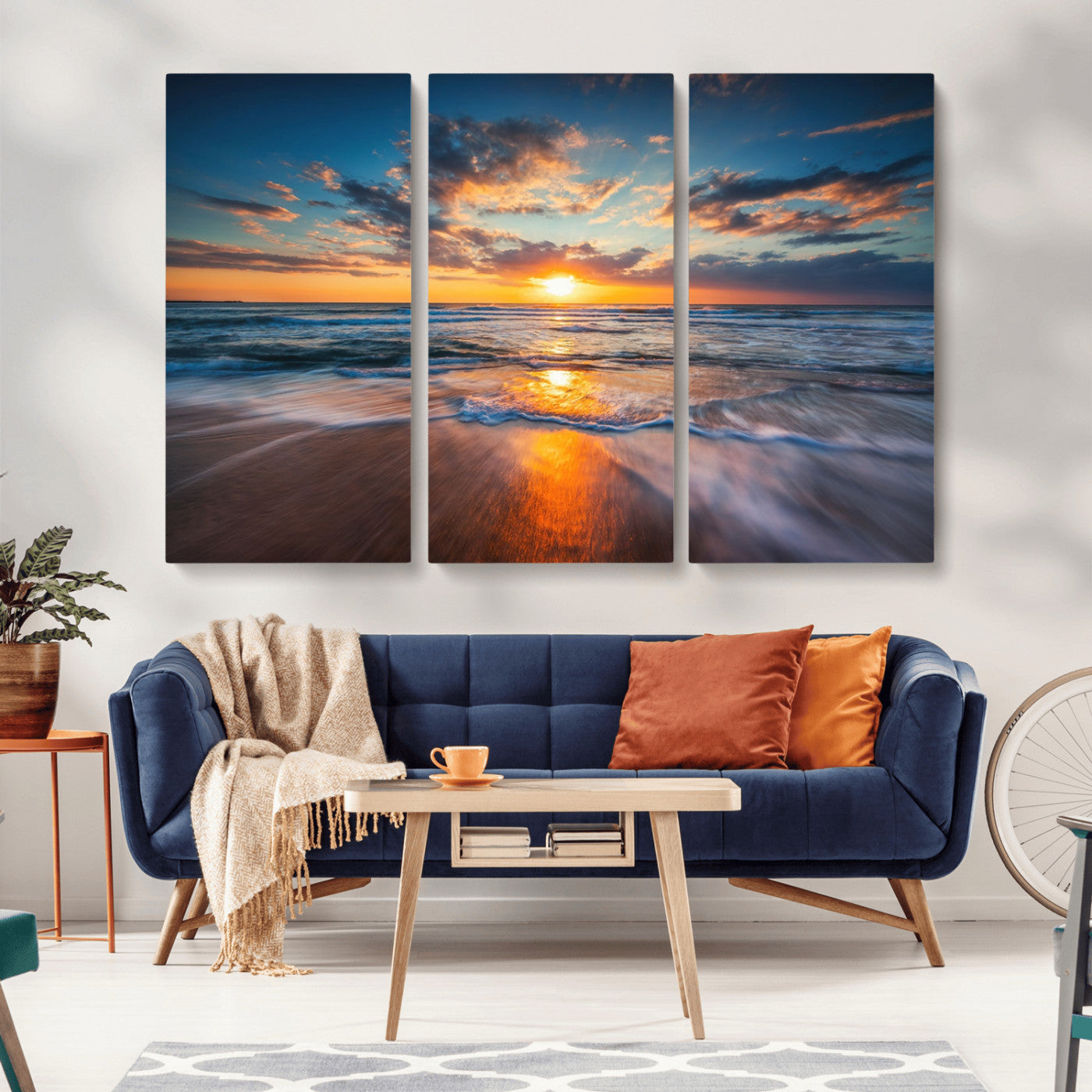 MGV-CV-48X32-3P - Sunset on the Ocean Beach with Waves, Reflections on Sand, Coastal Wall Art Print, Beach Wall Art,