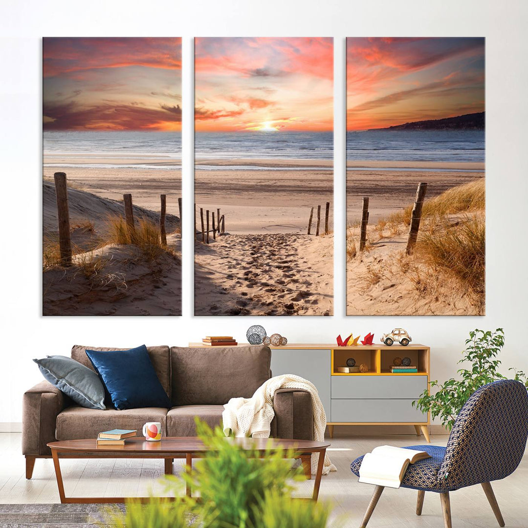 Serene Beach Path Sunset Canvas, Coastal Sand Dunes Wall Art, Vibrant Sunset, Ocean Seascape Triptych, Giclee Print on Canvas, Gallery Wrap Decor