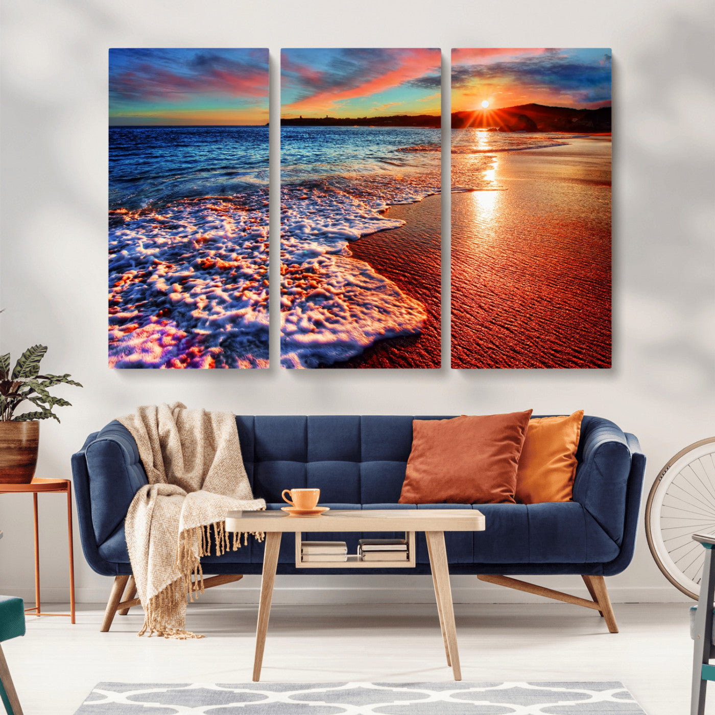 MGV-CV-48X32-3P - Colorful Coastal Sunset on the Beach Canvas Print, Ocean Waves Crashing at Dusk, Multi-Panel Seascape Vibrant Coastal Wall Art Canvas Print