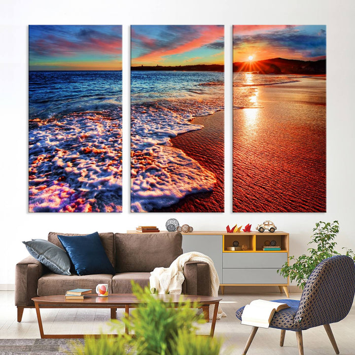 The Colorful Coastal Sunset on the Beach canvas print portrays ocean waves at dusk.