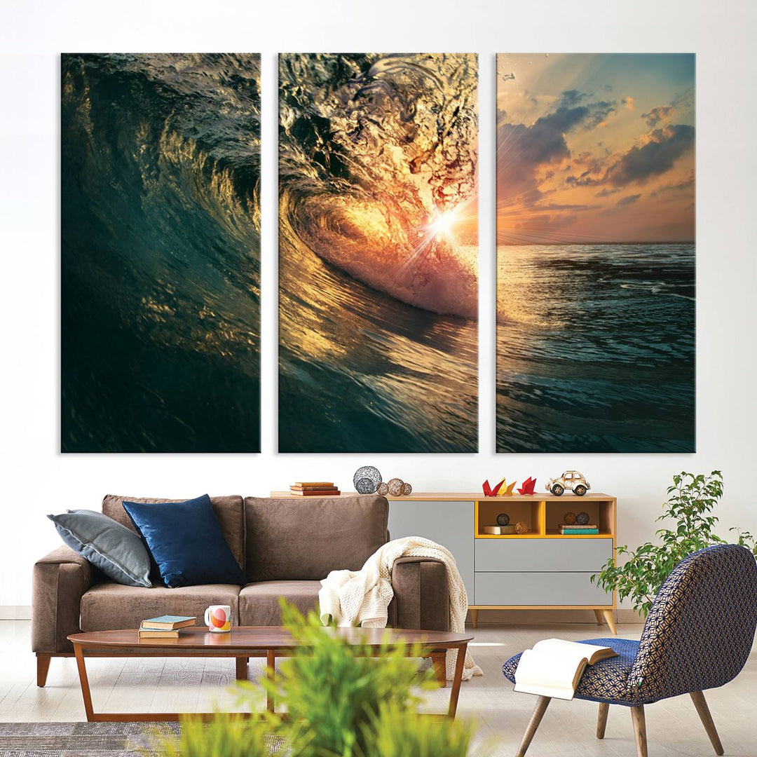 A triptych seascape titled Ocean Wave Sunset Canvas, featuring a stunning ocean view at sunset, is beautifully framed and ready to hang.