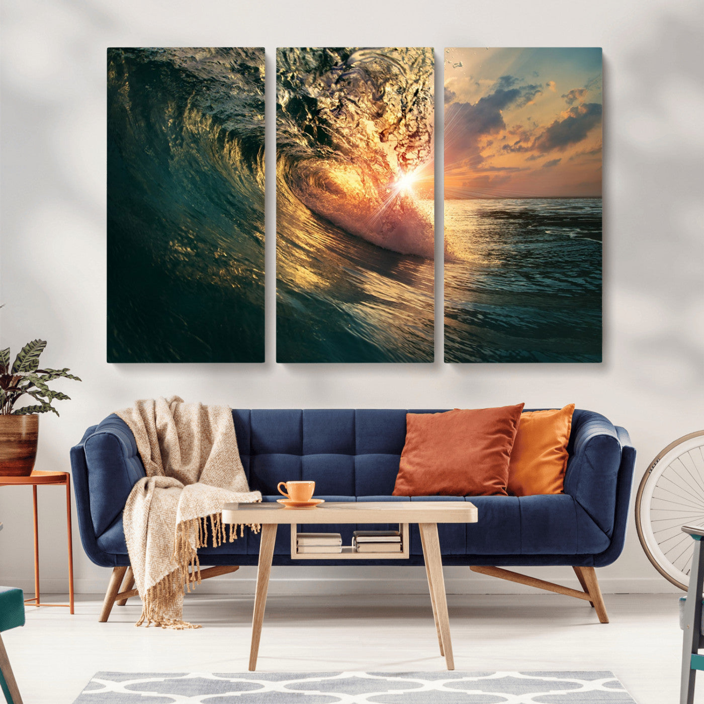 MGV-CV-48X32-3P - Ocean Wave Sunset Canvas Wall Art – Triptych Seascape Print – Framed and Ready to Hang for Living Room or Office