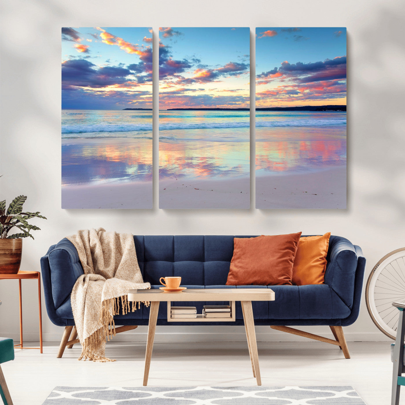 MGV-CV-48X32-3P - Tranquil Pastel Sunset Beach Triptych Canvas Art, Soothing Coastal Ocean Shoreline Giclee Print, Beach Reflections Wall Decor for Serene Spaces