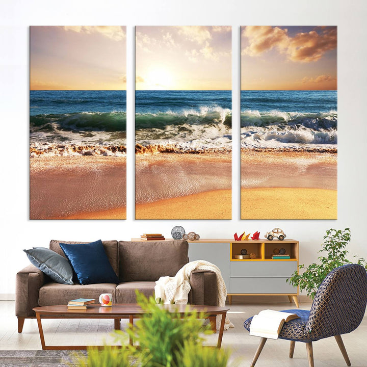 The wall features a Canon-quality Serene Beach Path canvas giclee print, depicting coastal dunes.