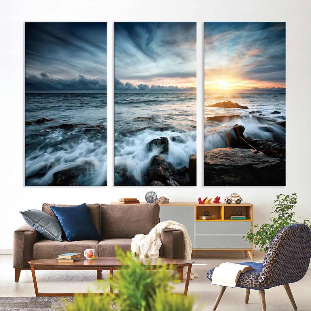 Dynamic Ocean Waves Triptych Canvas Art, Giclee Canvas Print Featuring a Dramatic Ocean Sunrise, Canon Print Quality with Gallery Wrap